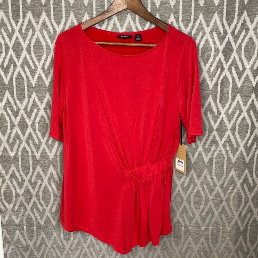 Halogen Asymmetrical Short Sleeve Blouse Red NWT Size Medium